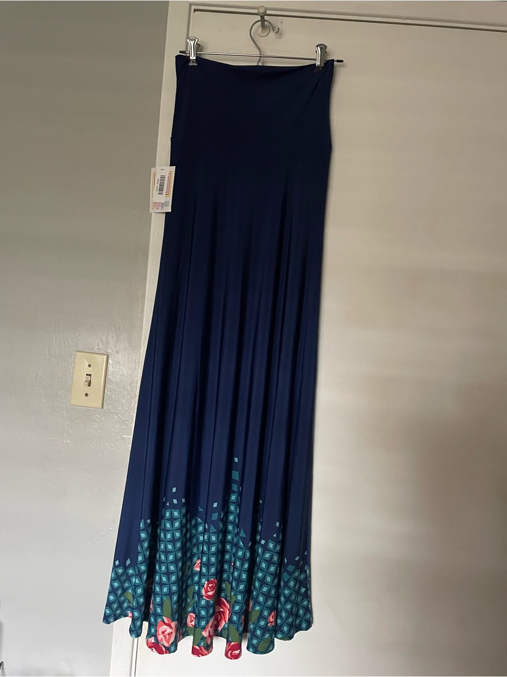 LuLaRoe Navy Maxi Skirt with Teal Geometric & Rose Border